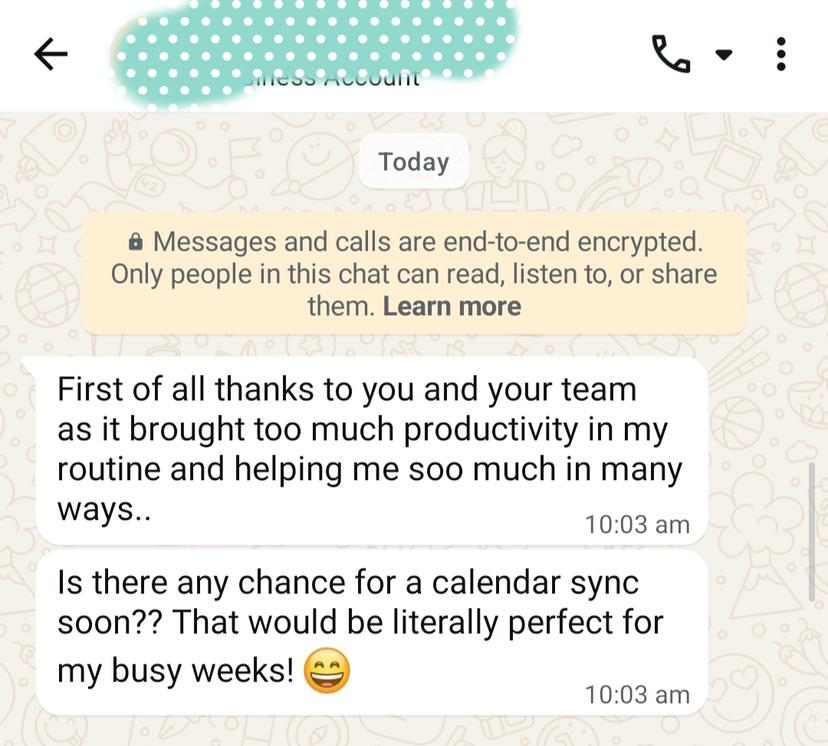 WhatsApp review from Neha G.